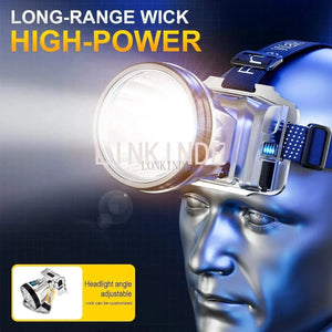 Planet Gates LED Strong Bald Headlight Ultra Bright Rechargeable Head Wear Flashlight Night Fishing Working Miner's Light Field Long Distance