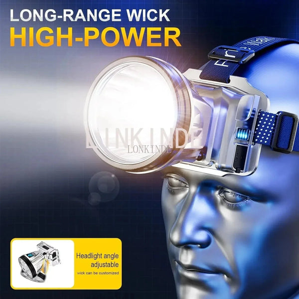 Planet Gates LED Strong Bald Headlight Ultra Bright Rechargeable Head Wear Flashlight Night Fishing Working Miner's Light Field Long Distance