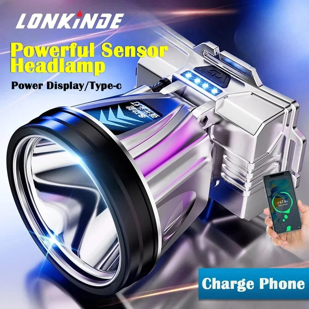 Planet Gates LED Strong Bald Headlight Ultra Bright Rechargeable Head Wear Flashlight Night Fishing Working Miner's Light Field Long Distance