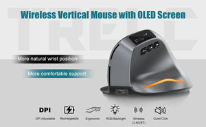 Planet Gates Lefon Bluetooth Vertical Mouse Wireless Ergonomic Mice with OLED Screen RGB USB Optical Rechargeable Mouse for PC Laptop Gaming