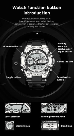 Planet Gates LIGE Men Military Watch Digital 50m Waterproof Wristwatch LED Quartz Clock Sport Watch Male Big Watches Men Relogios Masculino