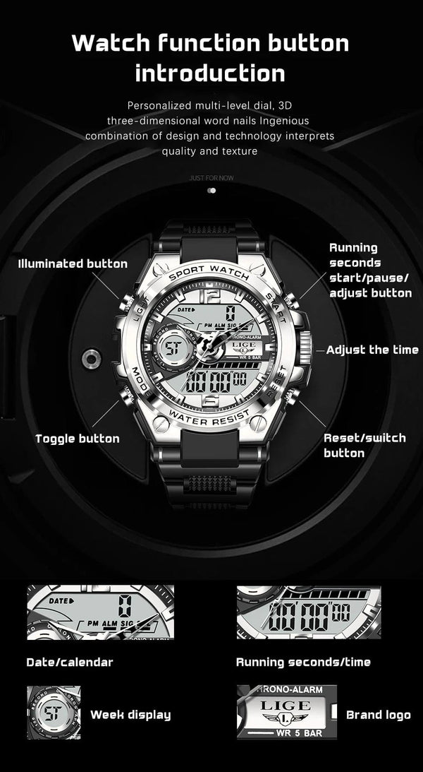 Planet Gates LIGE Men Military Watch Digital 50m Waterproof Wristwatch LED Quartz Clock Sport Watch Male Big Watches Men Relogios Masculino