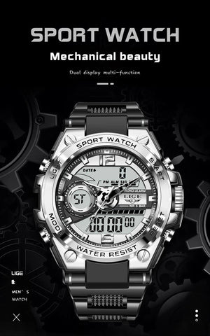 Planet Gates LIGE Men Military Watch Digital 50m Waterproof Wristwatch LED Quartz Clock Sport Watch Male Big Watches Men Relogios Masculino