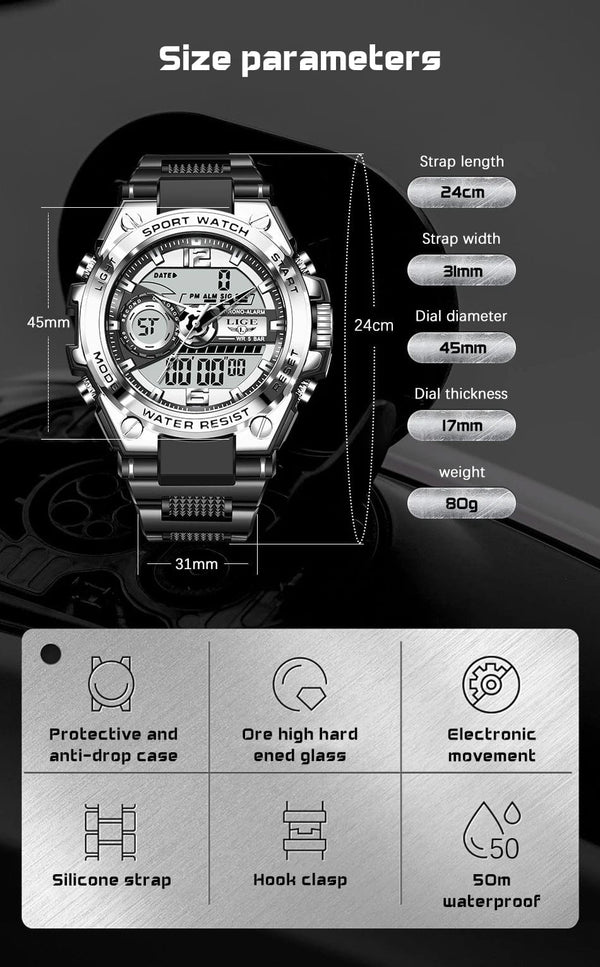 Planet Gates LIGE Men Military Watch Digital 50m Waterproof Wristwatch LED Quartz Clock Sport Watch Male Big Watches Men Relogios Masculino