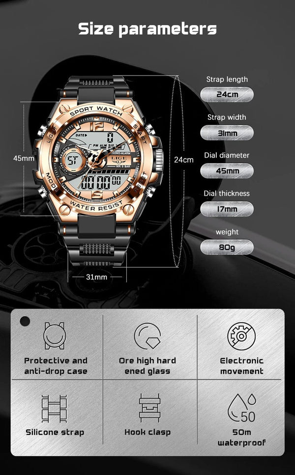 Planet Gates LIGE Men Military Watch Digital 50m Waterproof Wristwatch LED Quartz Clock Sport Watch Male Big Watches Men Relogios Masculino