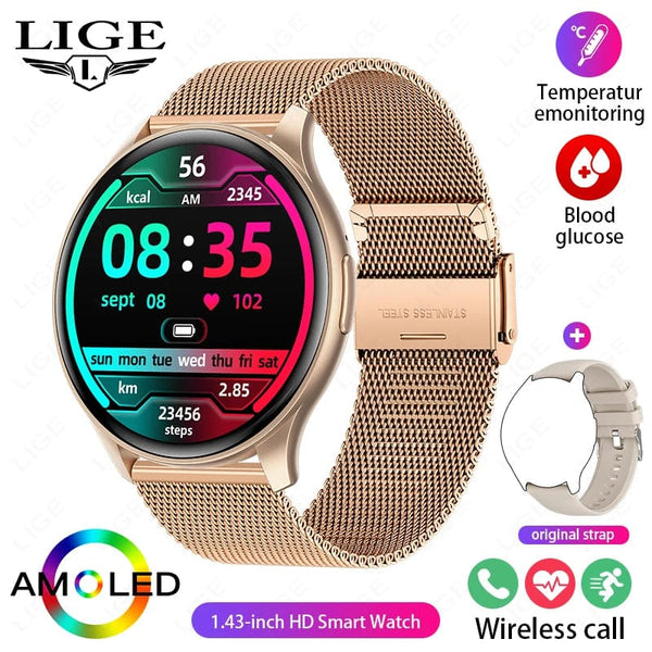 Planet Gates LIGE New Smartwatch Women 466*466 AMOLED 1.43" HD Screen Blood Glucose Monitor Bluetooth Call IP68 Waterproof Sports Smart Watch
