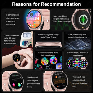 Planet Gates LIGE New Smartwatch Women 466*466 AMOLED 1.43" HD Screen Blood Glucose Monitor Bluetooth Call IP68 Waterproof Sports Smart Watch