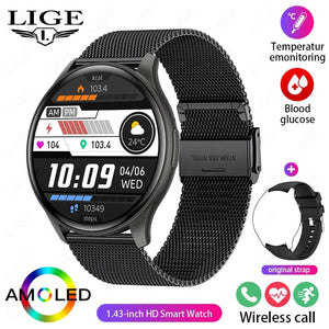 Planet Gates LIGE New Smartwatch Women 466*466 AMOLED 1.43" HD Screen Blood Glucose Monitor Bluetooth Call IP68 Waterproof Sports Smart Watch
