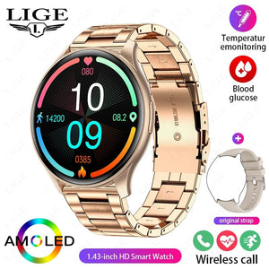 Planet Gates LIGE New Smartwatch Women 466*466 AMOLED 1.43" HD Screen Blood Glucose Monitor Bluetooth Call IP68 Waterproof Sports Smart Watch