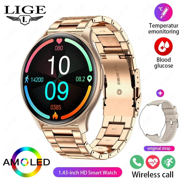 Planet Gates LIGE New Smartwatch Women 466*466 AMOLED 1.43" HD Screen Blood Glucose Monitor Bluetooth Call IP68 Waterproof Sports Smart Watch