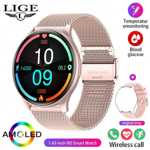 Planet Gates LIGE New Smartwatch Women 466*466 AMOLED 1.43" HD Screen Blood Glucose Monitor Bluetooth Call IP68 Waterproof Sports Smart Watch