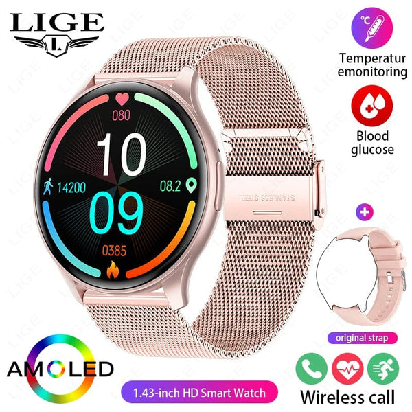 Planet Gates LIGE New Smartwatch Women 466*466 AMOLED 1.43" HD Screen Blood Glucose Monitor Bluetooth Call IP68 Waterproof Sports Smart Watch