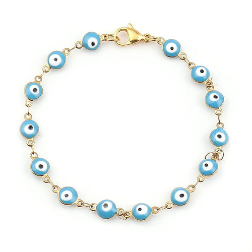 Planet Gates Light Blue Enamel / 19.2cm Long 304 Stainless Steel Bracelets Gold Color Link Chain Multicolor Evil Eye Enamel Bracelets For Women Man Gift 19.2cm ,1 Piece