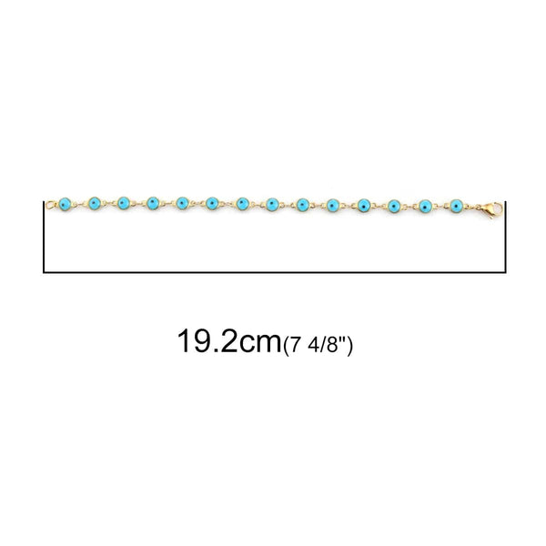 Planet Gates Light Blue Enamel / 19.2cm Long 304 Stainless Steel Bracelets Gold Color Link Chain Multicolor Evil Eye Enamel Bracelets For Women Man Gift 19.2cm ,1 Piece