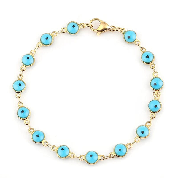Planet Gates Light Blue Enamel / 19.2cm Long 304 Stainless Steel Bracelets Gold Color Link Chain Multicolor Evil Eye Enamel Bracelets For Women Man Gift 19.2cm ,1 Piece