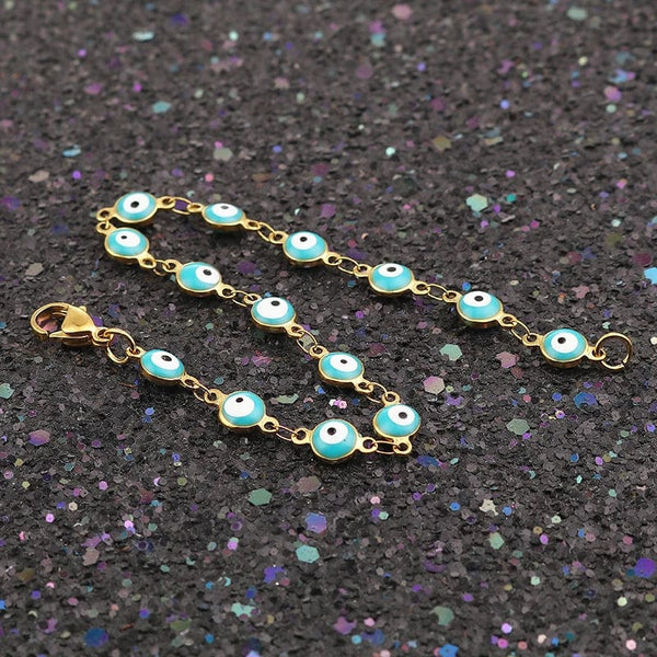 Planet Gates Light Blue Enamel / 19.2cm Long 304 Stainless Steel Bracelets Gold Color Link Chain Multicolor Evil Eye Enamel Bracelets For Women Man Gift 19.2cm ,1 Piece