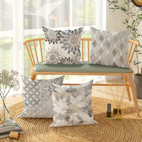 Planet Gates Light Gray 4pcs, Floral Geometric Leaves Botanical Light Gray Polyester Throw Pillow Covers, Modern Neutral Pillow Covers, Decorative Cushion Covers 45×45Cm/18 "X18" For Living Room Bedroom Sofa Bed Decoration