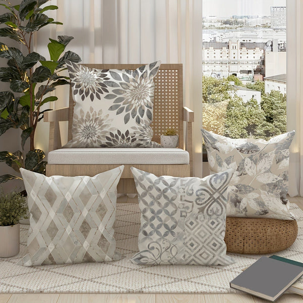 Planet Gates Light Gray 4pcs, Floral Geometric Leaves Botanical Light Gray Polyester Throw Pillow Covers, Modern Neutral Pillow Covers, Decorative Cushion Covers 45×45Cm/18 "X18" For Living Room Bedroom Sofa Bed Decoration