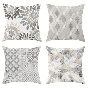 Planet Gates Light Gray 4pcs, Floral Geometric Leaves Botanical Light Gray Polyester Throw Pillow Covers, Modern Neutral Pillow Covers, Decorative Cushion Covers 45×45Cm/18 "X18" For Living Room Bedroom Sofa Bed Decoration