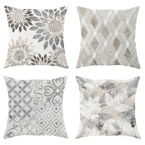 Planet Gates Light Gray 4pcs, Floral Geometric Leaves Botanical Light Gray Polyester Throw Pillow Covers, Modern Neutral Pillow Covers, Decorative Cushion Covers 45×45Cm/18 "X18" For Living Room Bedroom Sofa Bed Decoration