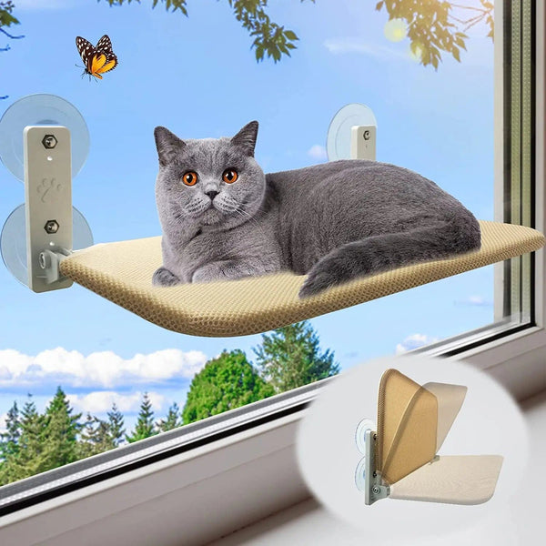 Planet Gates light yellow Foldable Cat Window Perch Cordless Cat Window Hammock with 4 Strong Suction Cups Windowsill Cat Beds Seat for Indoor Cats Inside