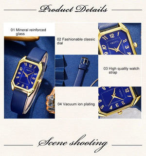 Planet Gates Luxury Fashion Square Women's Watches Brand Ladies Quartz Wristwatch Classic Simple Femme Blue Leather Band Relogio Feminino