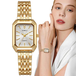 Planet Gates Luxury Ladies Fashion Quartz Watch Simple Scale Square Quality Gold Plated Women Watches Business Stainless Steel Folding Clock