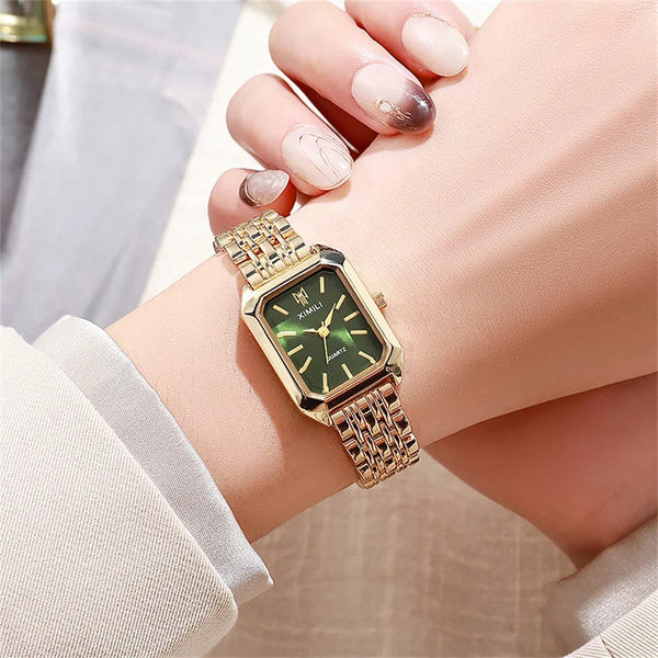 Planet Gates Luxury Ladies Fashion Quartz Watch Simple Scale Square Quality Gold Plated Women Watches Business Stainless Steel Folding Clock