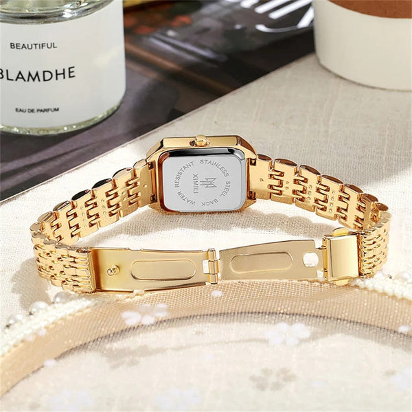 Planet Gates Luxury Ladies Fashion Quartz Watch Simple Scale Square Quality Gold Plated Women Watches Business Stainless Steel Folding Clock
