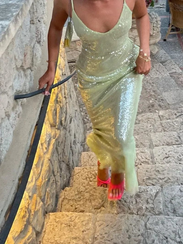 Planet Gates Luxury Sequins Backless High Slit Evening Long Dress 2024 Elegant WomenSleeveless High Waist Tunic Bodycon Holiday Party Dresses