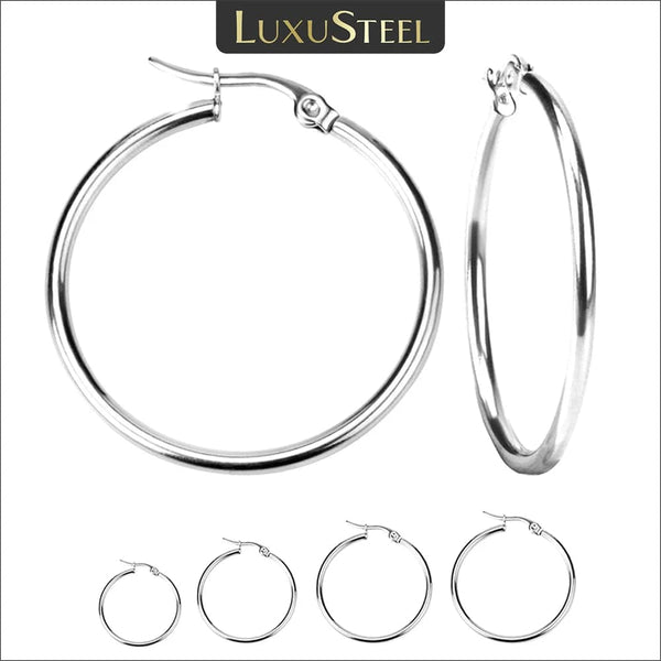 Planet Gates LUXUSTEEL 2Pcs 10-70mm Stainless Steel Hoop Earrings For Women Men Silver Color Round Small Big Circle Huggies Punk Jewelry