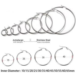 Planet Gates LUXUSTEEL 2Pcs 10-70mm Stainless Steel Hoop Earrings For Women Men Silver Color Round Small Big Circle Huggies Punk Jewelry