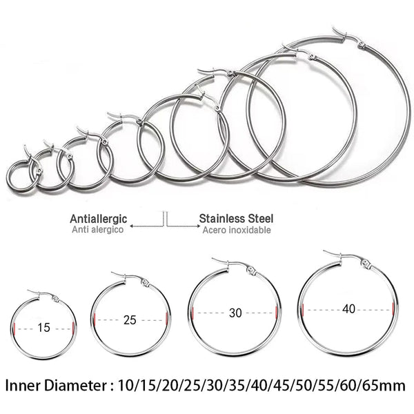 Planet Gates LUXUSTEEL 2Pcs 10-70mm Stainless Steel Hoop Earrings For Women Men Silver Color Round Small Big Circle Huggies Punk Jewelry