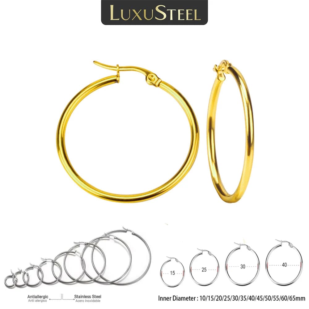 Planet Gates LUXUSTEEL Gold Color Stainless Steel Hoop Earrings For Women Men Big/Small Circle Round Ear Jewelry Bijoux Acier Inoxidable