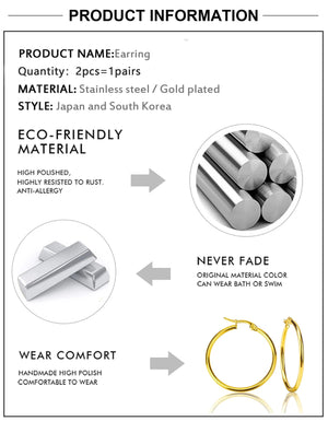 Planet Gates LUXUSTEEL Gold Color Stainless Steel Hoop Earrings For Women Men Big/Small Circle Round Ear Jewelry Bijoux Acier Inoxidable