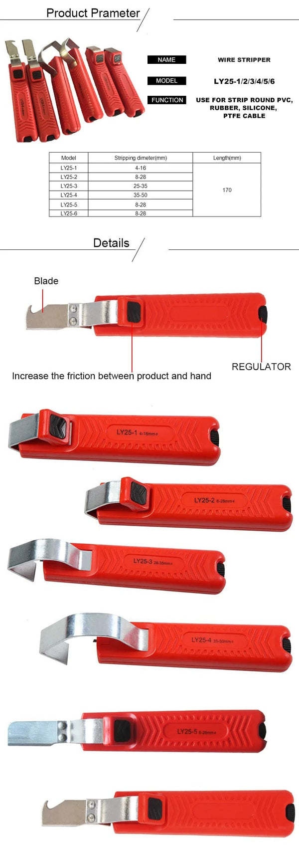 Planet Gates LY25-6 Electrician wire stripper knife rubber handle  hand stripping tool  for 4-50mm PVC,silicone rubber PTFE cable