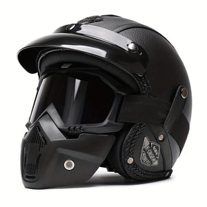 Planet Gates M / Classic Black + Mask Goggles Faux Leather Retro Motorcycle Helmet 4/3 Half Helmet Motorcycle Electric Motorcycle Four Seasons Universal 3C Safety Certified Helmet