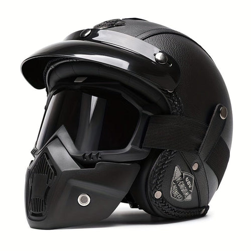 Planet Gates M / Classic Black + Mask Goggles Faux Leather Retro Motorcycle Helmet 4/3 Half Helmet Motorcycle Electric Motorcycle Four Seasons Universal 3C Safety Certified Helmet