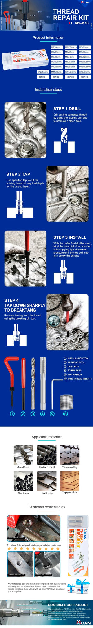 Planet Gates M2x0.4mm XCAN Thread Repair Tool 25pcs M3/M4/M5/M6/M7/M8/M10/M12/14 for Restoring Damaged Thread Spanner Wrench Twist Drill Bit Hand Tool