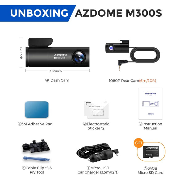 Planet Gates M300S Hardwire Kit / Saudi Arabia / Free 64GB TF Card AZDOME M300S 4K Dash Cam Front and Rear, 5.8G WiFi GPS Dash Camera for Cars, Free 64GB SD Card, Voice Control, WDR Night Vision