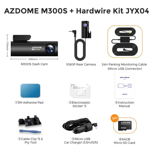 Planet Gates M300S Hardwire Kit / Saudi Arabia / Free 64GB TF Card AZDOME M300S 4K Dash Cam Front and Rear, 5.8G WiFi GPS Dash Camera for Cars, Free 64GB SD Card, Voice Control, WDR Night Vision