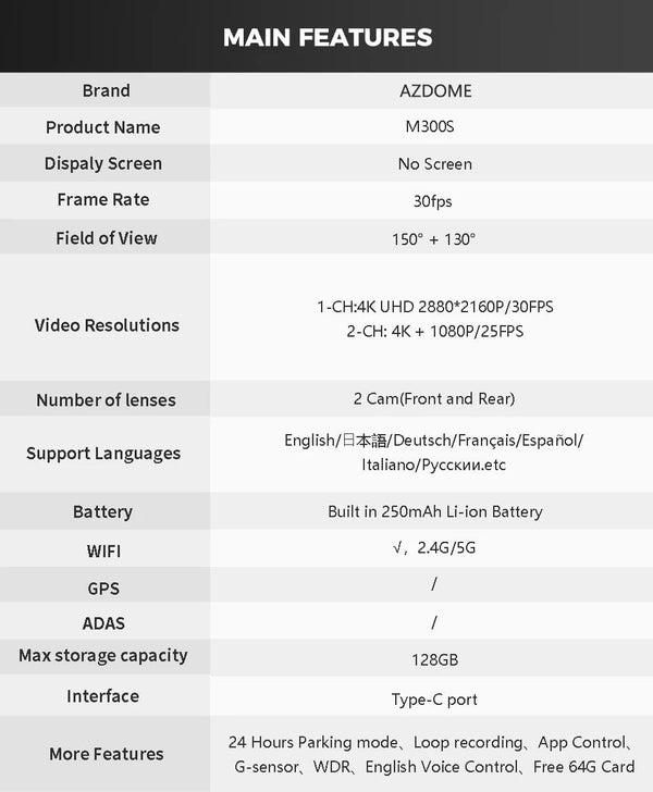 Planet Gates M300S Hardwire Kit / Saudi Arabia / Free 64GB TF Card AZDOME M300S 4K Dash Cam Front and Rear, 5.8G WiFi GPS Dash Camera for Cars, Free 64GB SD Card, Voice Control, WDR Night Vision