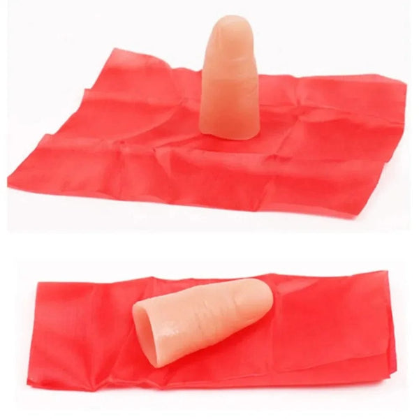 Planet Gates Magic Trick Props Close Up Vanish Appearing Plastic Finger Thumb Tip + Red Silk Stage Show Props Rubber Prank Toy Tool Gifts