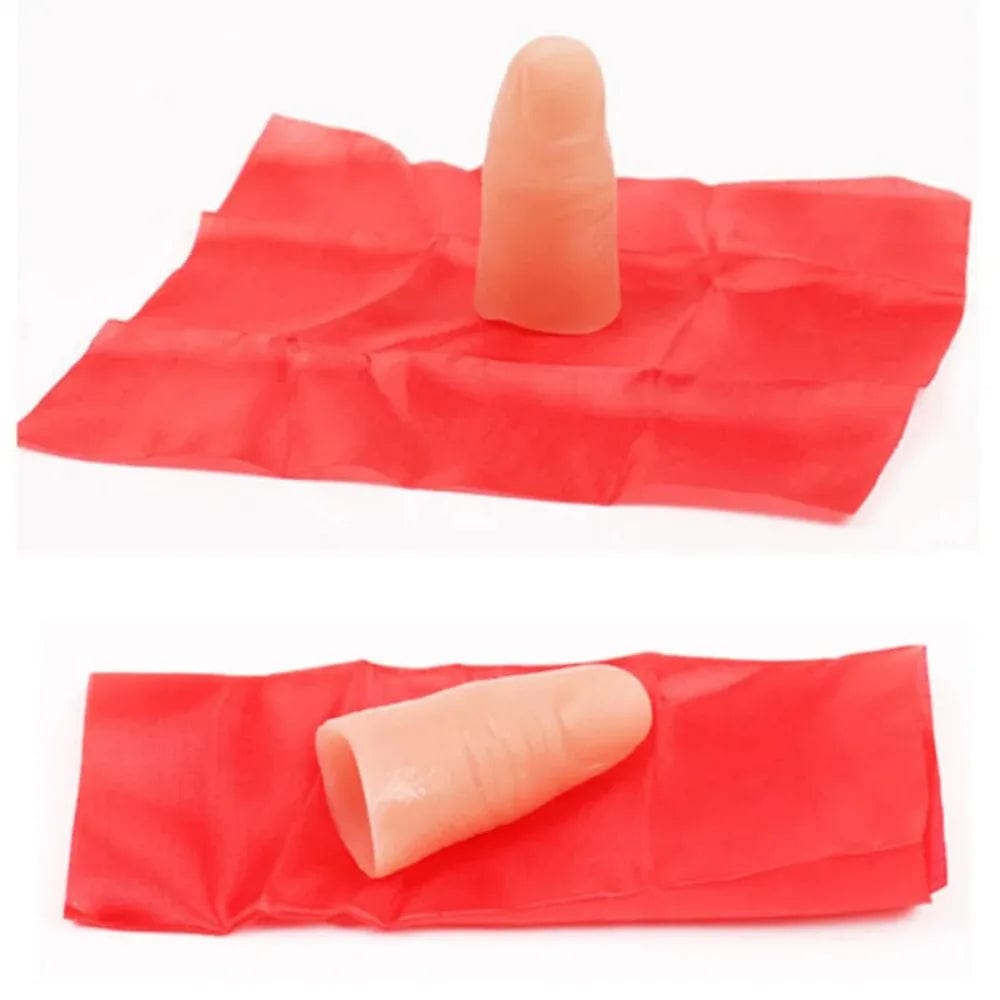 Planet Gates Magic Trick Props Close Up Vanish Appearing Plastic Finger Thumb Tip + Red Silk Stage Show Props Rubber Prank Toy Tool Gifts