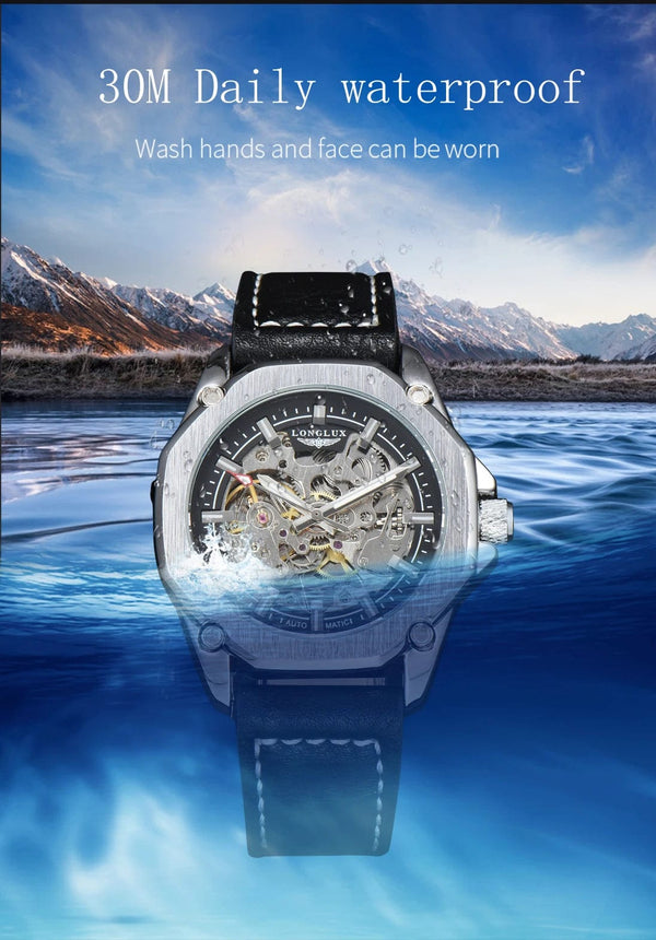 Planet Gates Man watch automatic movement cool wholesale automatic watch luxury skeleton waterproof leather LONGLUX mechanical wrist watches