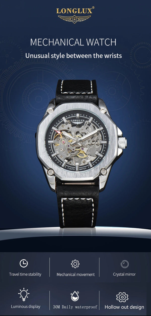 Planet Gates Man watch automatic movement cool wholesale automatic watch luxury skeleton waterproof leather LONGLUX mechanical wrist watches