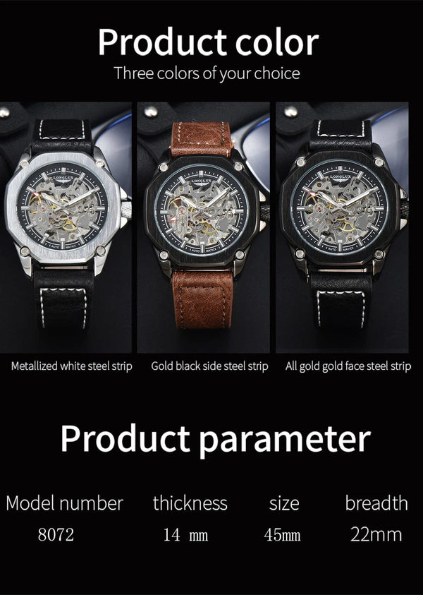 Planet Gates Man watch automatic movement cool wholesale automatic watch luxury skeleton waterproof leather LONGLUX mechanical wrist watches