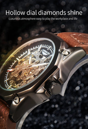 Planet Gates Man watch automatic movement cool wholesale automatic watch luxury skeleton waterproof leather LONGLUX mechanical wrist watches