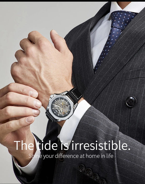 Planet Gates Man watch automatic movement cool wholesale automatic watch luxury skeleton waterproof leather LONGLUX mechanical wrist watches