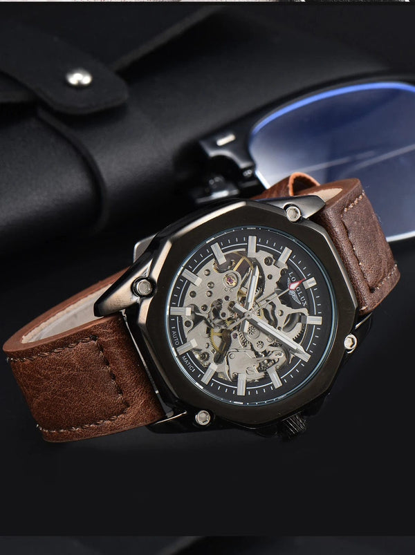 Planet Gates Man watch automatic movement cool wholesale automatic watch luxury skeleton waterproof leather LONGLUX mechanical wrist watches
